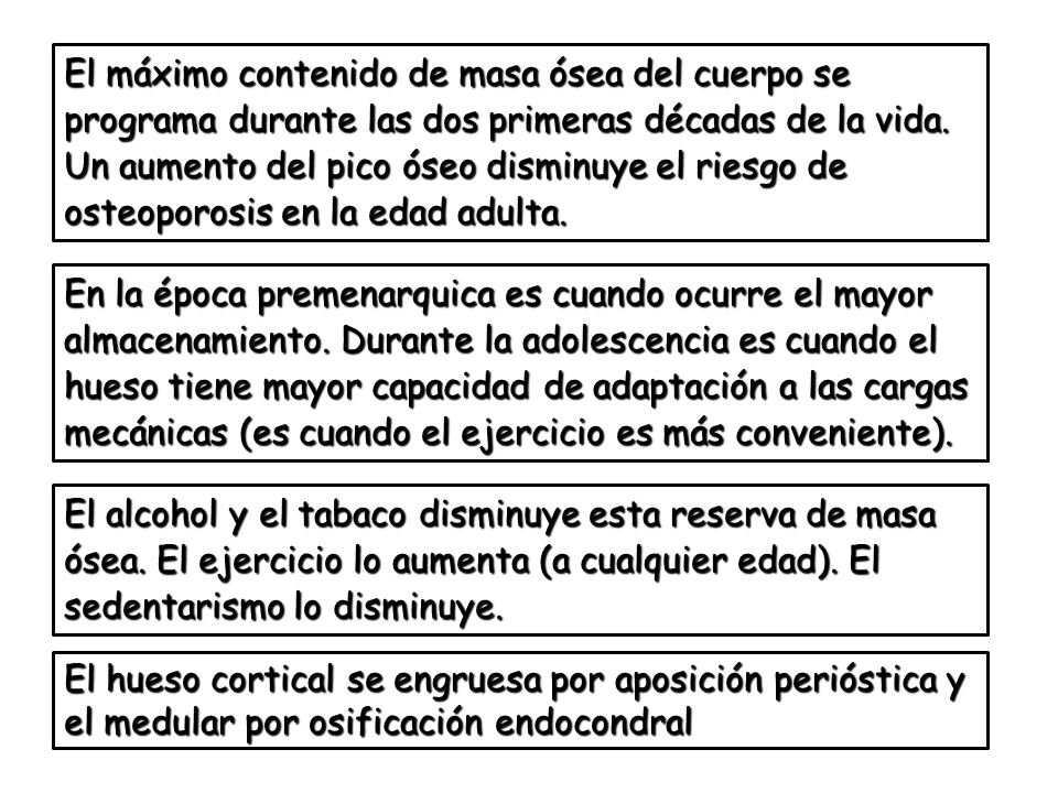 El máximo contenido de masa ósea del cuerpo se programa durante las dos primeras décadas de la vida. Un aumento del pico óseo disminuye el riesgo de osteoporosis en la edad adulta.