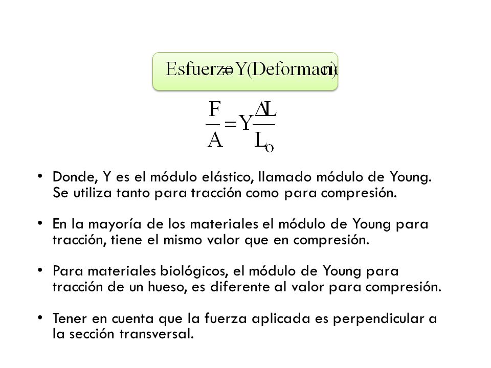 Donde, Y es el módulo elástico, llamado módulo de Young