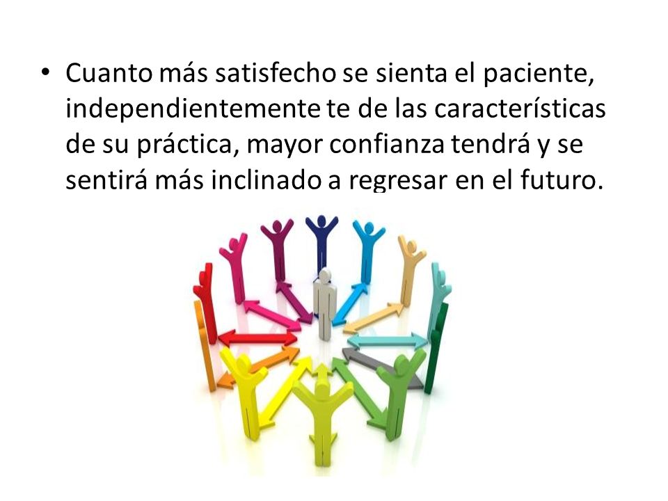 Cuanto más satisfecho se sienta el paciente, independientemente te de las características de su práctica, mayor confianza tendrá y se sentirá más inclinado a regresar en el futuro.
