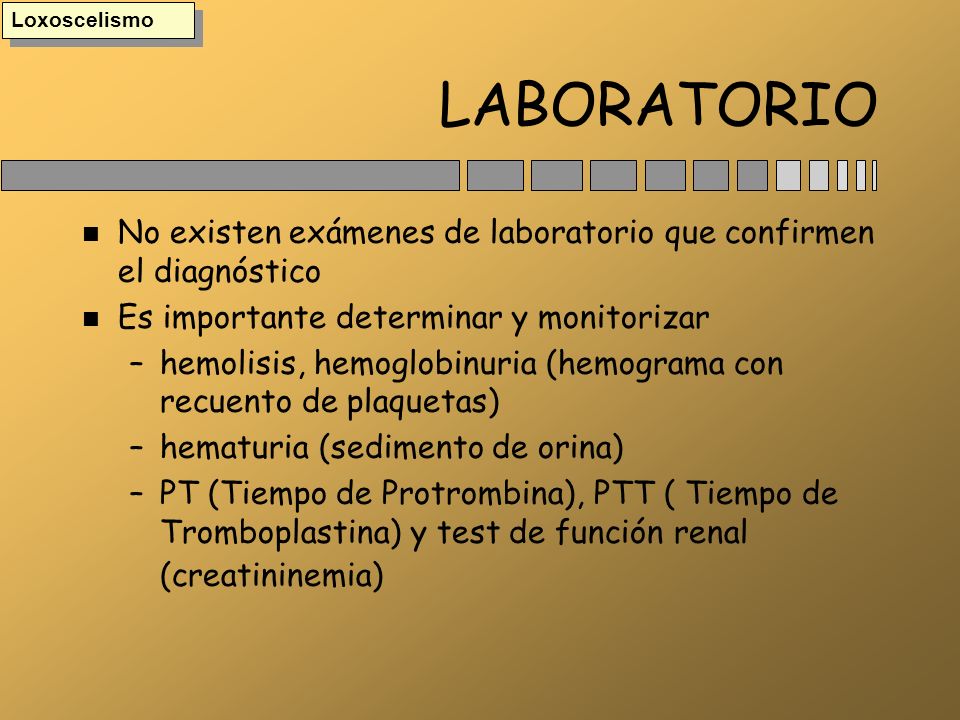 Loxoscelismo LABORATORIO. No existen exámenes de laboratorio que confirmen el diagnóstico. Es importante determinar y monitorizar.