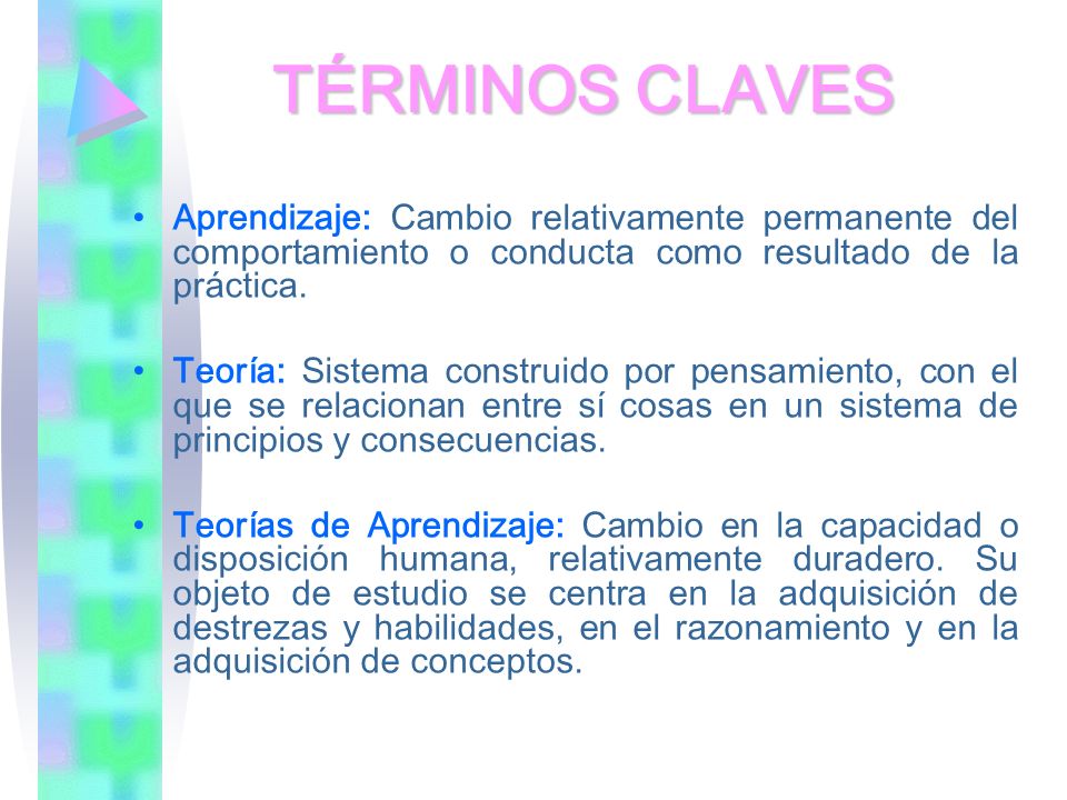 TÉRMINOS CLAVES Aprendizaje: Cambio relativamente permanente del comportamiento o conducta como resultado de la práctica.