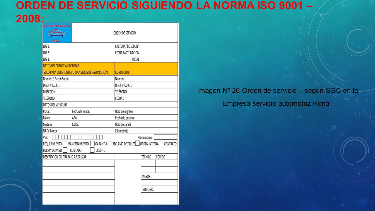Orden de servicio siguiendo la norma ISO 9001 – 2008: