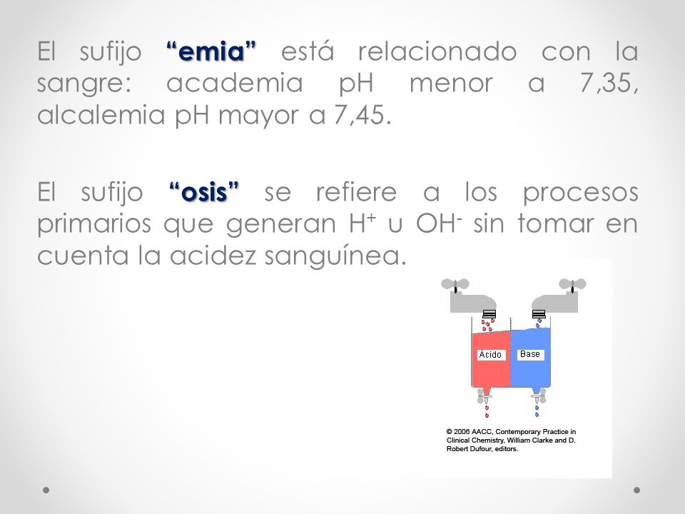 El sufijo emia está relacionado con la sangre: academia pH menor a 7,35, alcalemia pH mayor a 7,45.