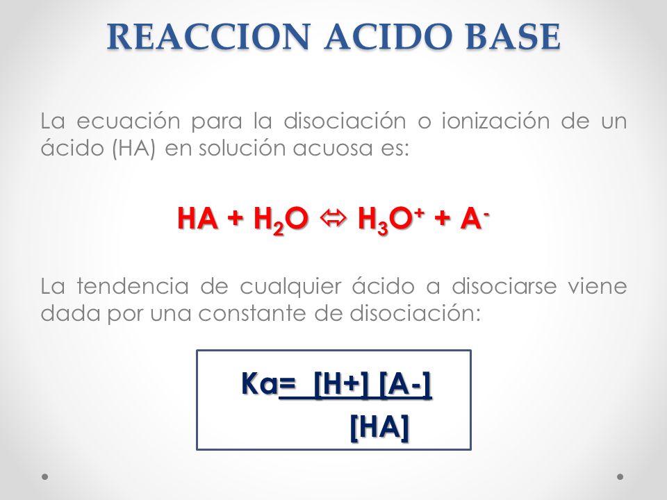 REACCION ACIDO BASE HA + H2O  H3O+ + A- [HA]