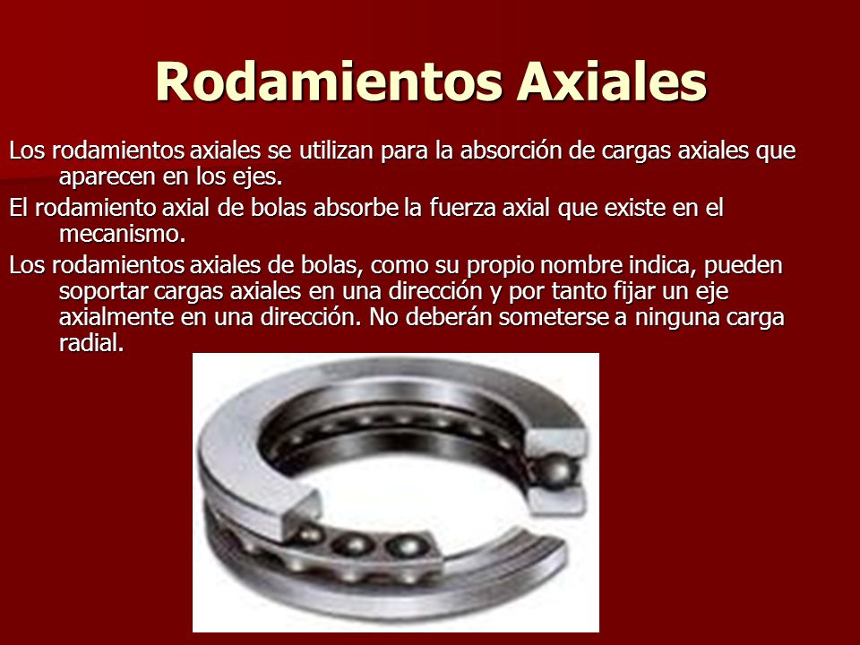 Rodamientos Axiales Los rodamientos axiales se utilizan para la absorción de cargas axiales que aparecen en los ejes.