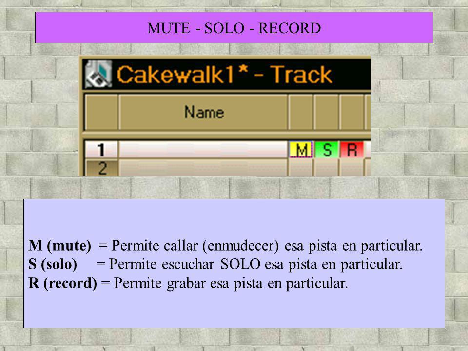 MUTE - SOLO - RECORD M (mute) = Permite callar (enmudecer) esa pista en particular. S (solo) = Permite escuchar SOLO esa pista en particular.