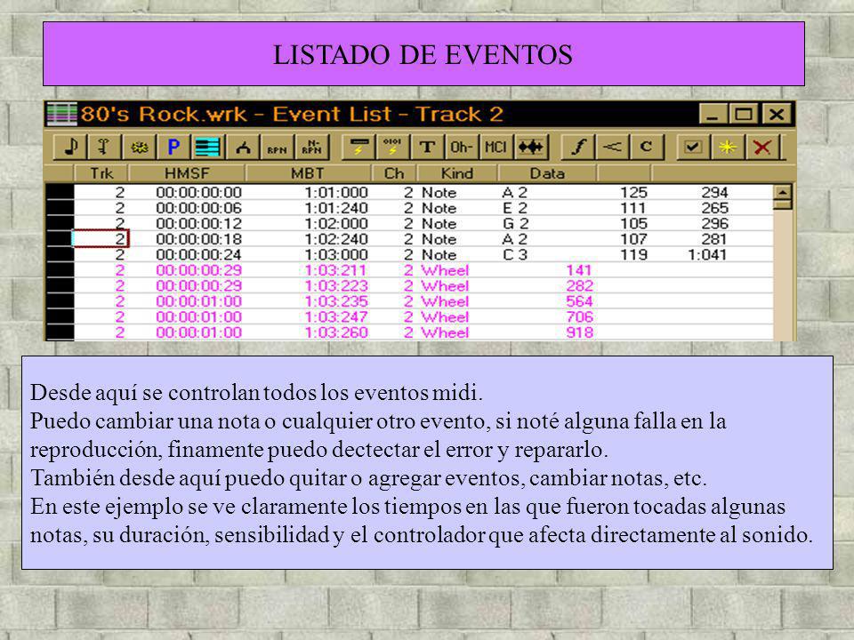 LISTADO DE EVENTOS Desde aquí se controlan todos los eventos midi.