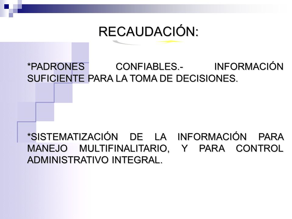 RECAUDACIÓN: *PADRONES CONFIABLES.- INFORMACIÓN SUFICIENTE PARA LA TOMA DE DECISIONES.