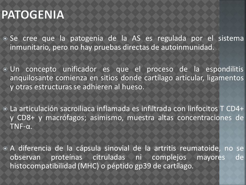 PATOGENIA Se cree que la patogenia de la AS es regulada por el sistema inmunitario, pero no hay pruebas directas de autoinmunidad.