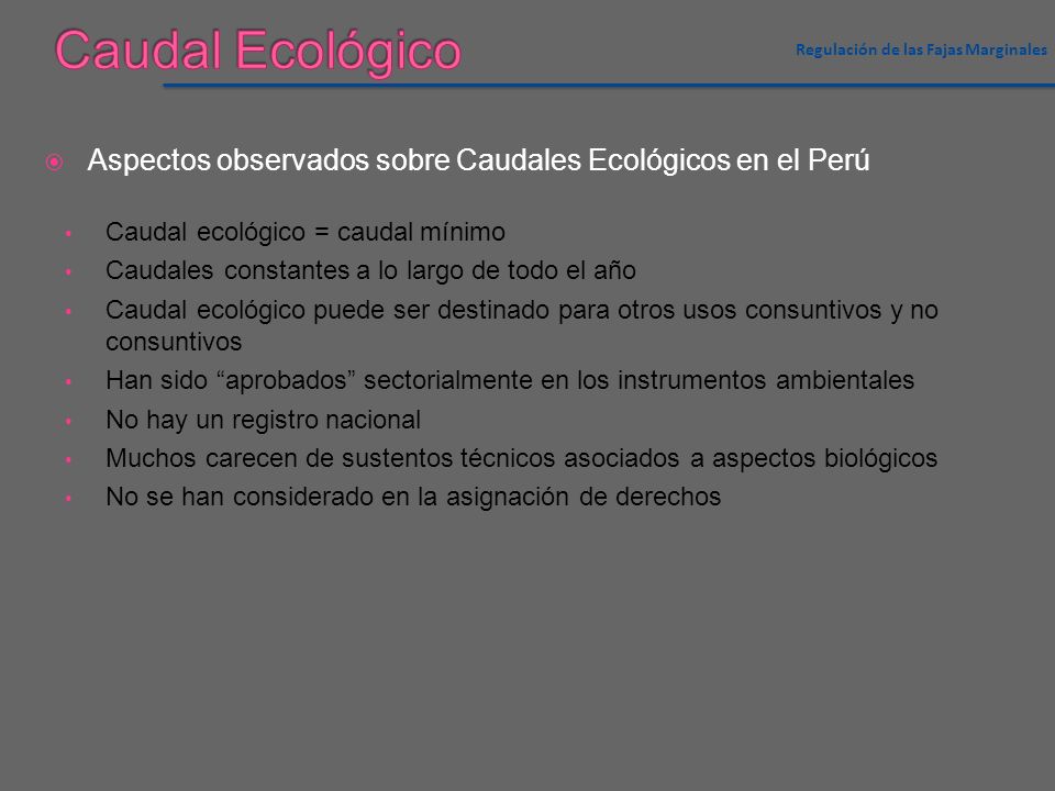 Caudal Ecológico Regulación de las Fajas Marginales. Aspectos observados sobre Caudales Ecológicos en el Perú.