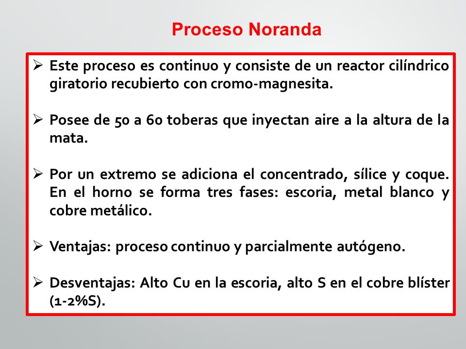 Proceso Noranda Este proceso es continuo y consiste de un reactor cilíndrico giratorio recubierto con cromo-magnesita.