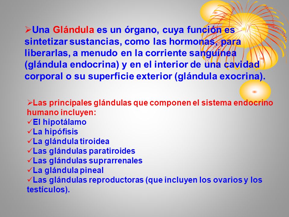 Una Glándula es un órgano, cuya función es sintetizar sustancias, como las hormonas, para liberarlas, a menudo en la corriente sanguínea (glándula endocrina) y en el interior de una cavidad corporal o su superficie exterior (glándula exocrina).