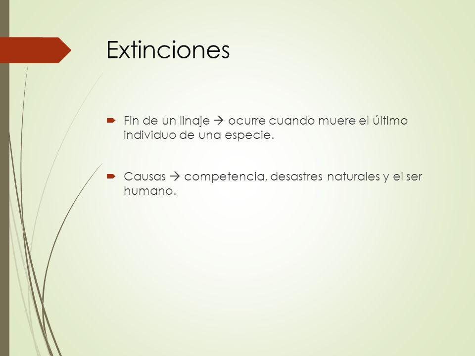 Extinciones Fin de un linaje  ocurre cuando muere el último individuo de una especie.