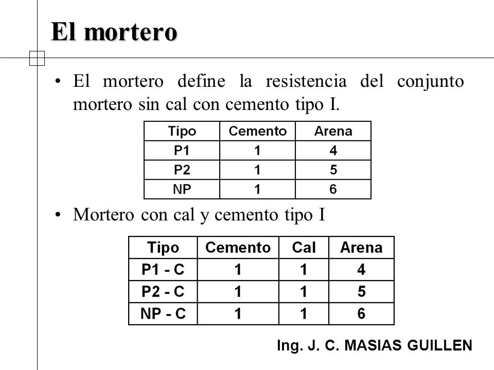 El mortero El mortero define la resistencia del conjunto mortero sin cal con cemento tipo I.