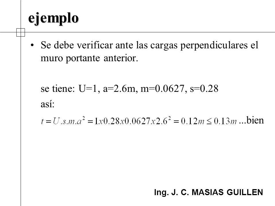 ejemplo Se debe verificar ante las cargas perpendiculares el muro portante anterior. se tiene: U=1, a=2.6m, m=0.0627, s=0.28.