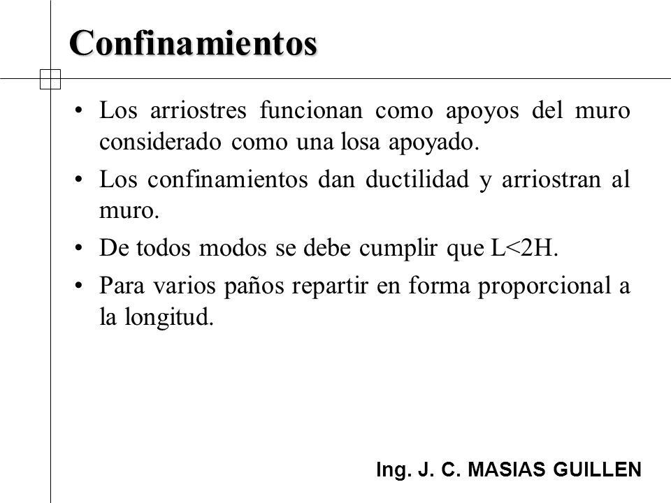 Confinamientos Los arriostres funcionan como apoyos del muro considerado como una losa apoyado.