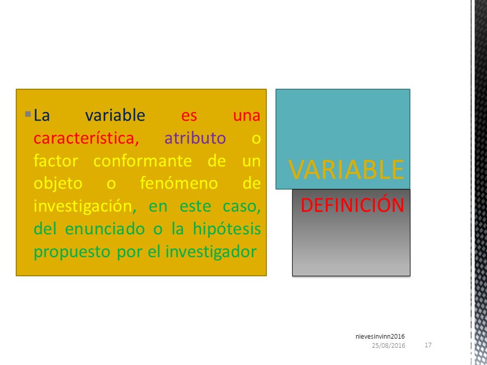 La variable es una característica, atributo o factor conformante de un objeto o fenómeno de investigación, en este caso, del enunciado o la hipótesis propuesto por el investigador