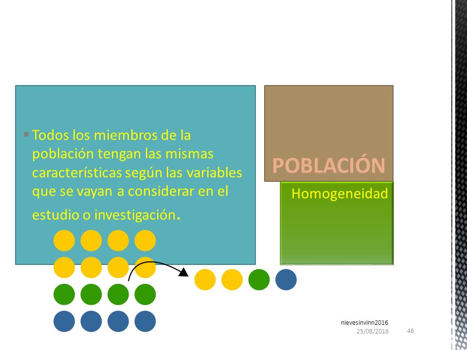 Todos los miembros de la población tengan las mismas características según las variables que se vayan a considerar en el estudio o investigación.