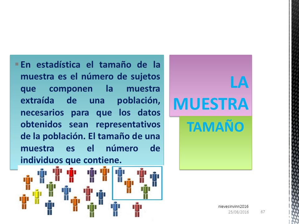 En estadística el tamaño de la muestra es el número de sujetos que componen la muestra extraída de una población, necesarios para que los datos obtenidos sean representativos de la población. El tamaño de una muestra es el número de individuos que contiene.