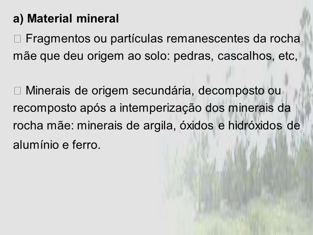 a) Material mineral  Fragmentos ou partículas remanescentes da rocha mãe que deu origem ao solo: pedras, cascalhos, etc,