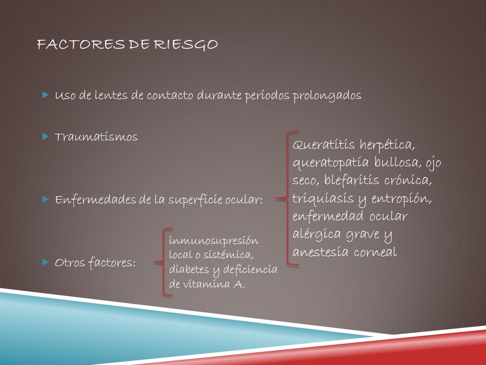 Factores de riesgo Uso de lentes de contacto durante periodos prolongados. Traumatismos. Enfermedades de la superficie ocular:
