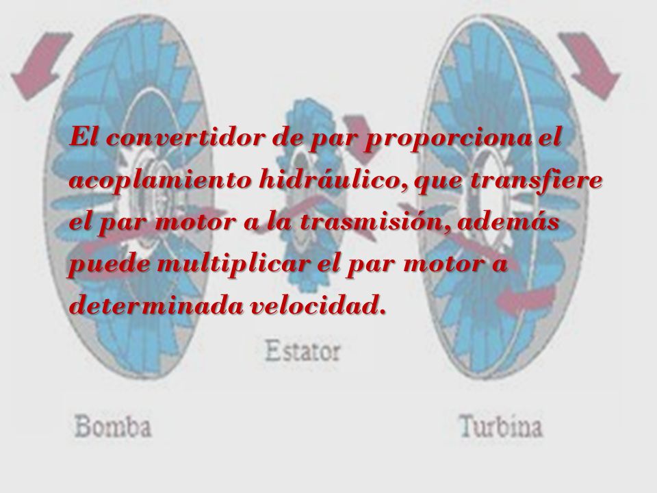 El convertidor de par proporciona el acoplamiento hidráulico, que transfiere el par motor a la trasmisión, además puede multiplicar el par motor a determinada velocidad.