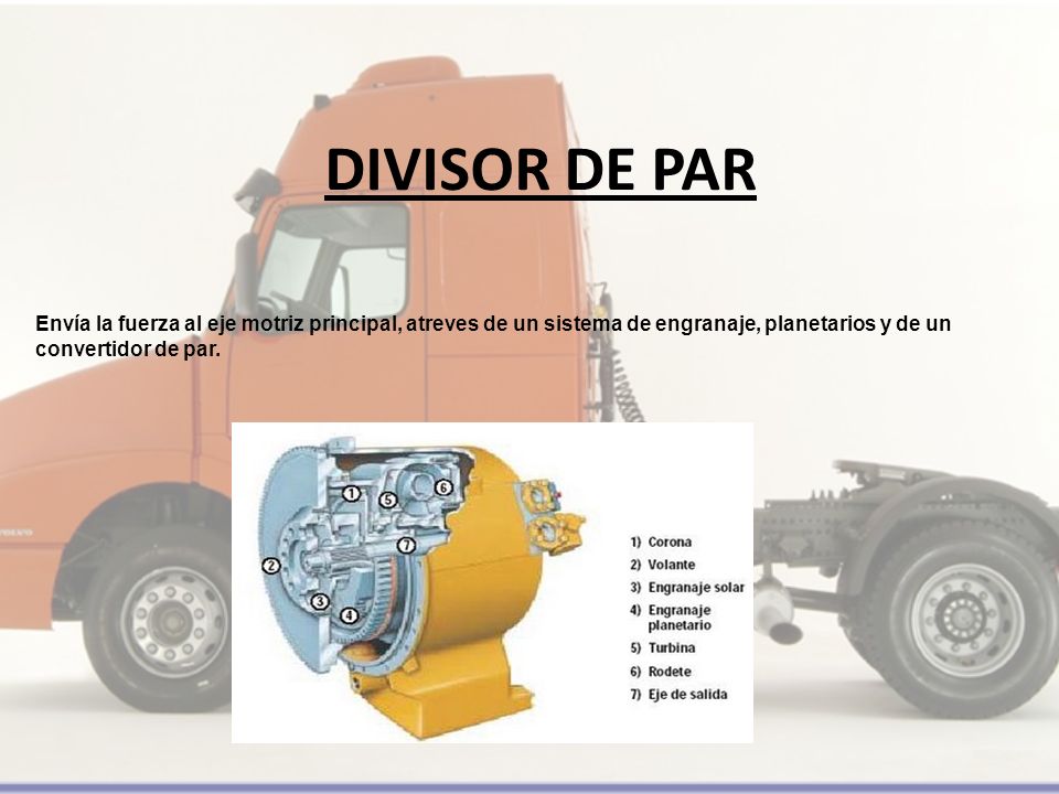 DIVISOR DE PAR Envía la fuerza al eje motriz principal, atreves de un sistema de engranaje, planetarios y de un convertidor de par.