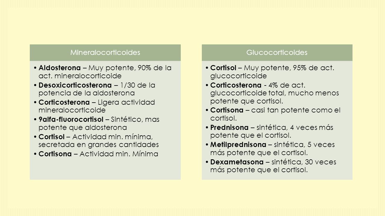 Mineralocorticoides Aldosterona – Muy potente, 90% de la act. mineralocorticoide. Desoxicorticosterona – 1/30 de la potencia de la aldosterona.