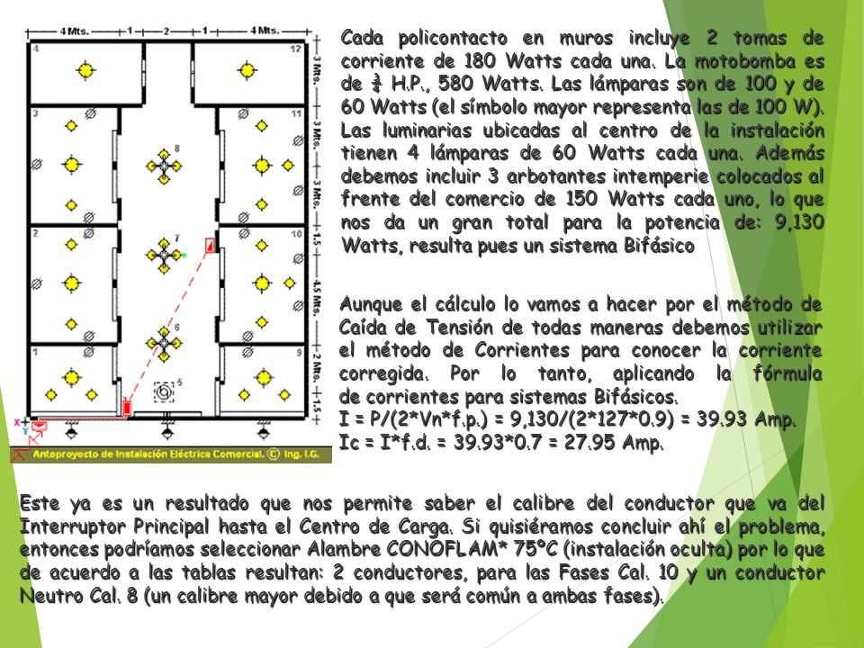 Cada policontacto en muros incluye 2 tomas de corriente de 180 Watts cada una. La motobomba es de ¾ H.P., 580 Watts. Las lámparas son de 100 y de 60 Watts (el símbolo mayor representa las de 100 W). Las luminarias ubicadas al centro de la instalación tienen 4 lámparas de 60 Watts cada una. Además debemos incluir 3 arbotantes intemperie colocados al frente del comercio de 150 Watts cada uno, lo que nos da un gran total para la potencia de: 9,130 Watts, resulta pues un sistema Bifásico