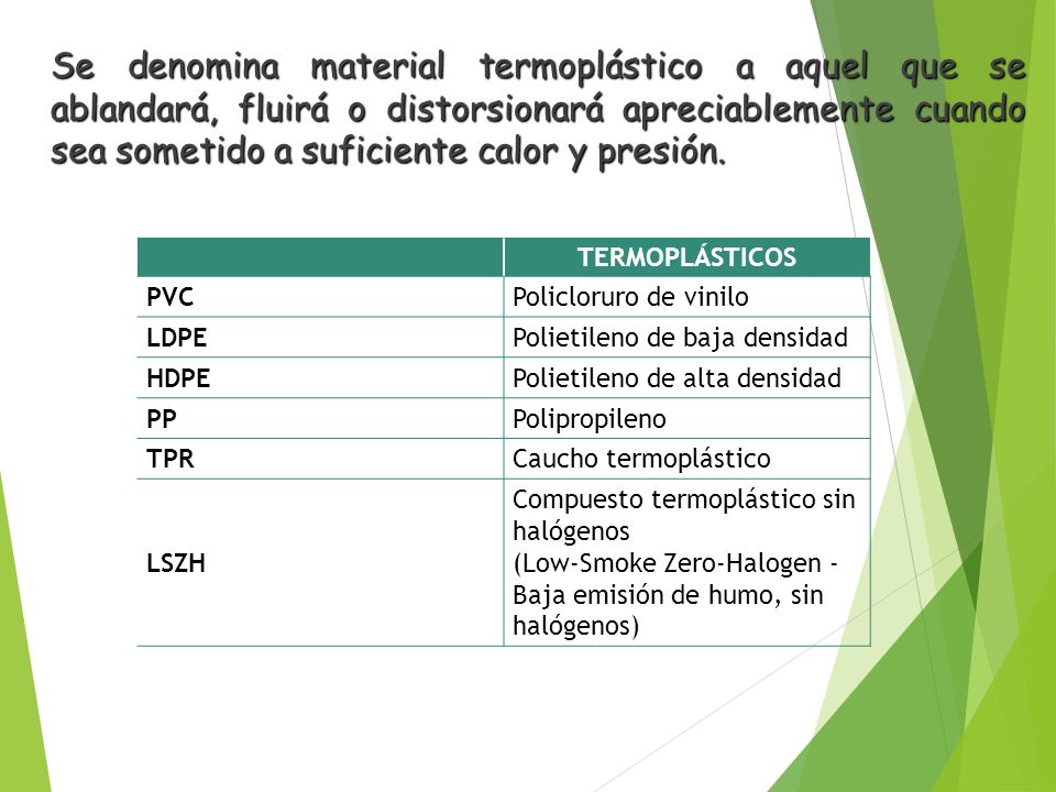 Se denomina material termoplástico a aquel que se ablandará, fluirá o distorsionará apreciablemente cuando sea sometido a suficiente calor y presión.