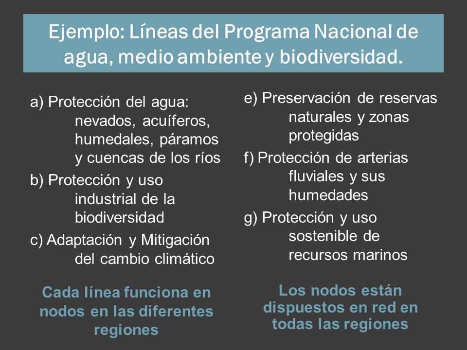 Ejemplo: Líneas del Programa Nacional de agua, medio ambiente y biodiversidad.