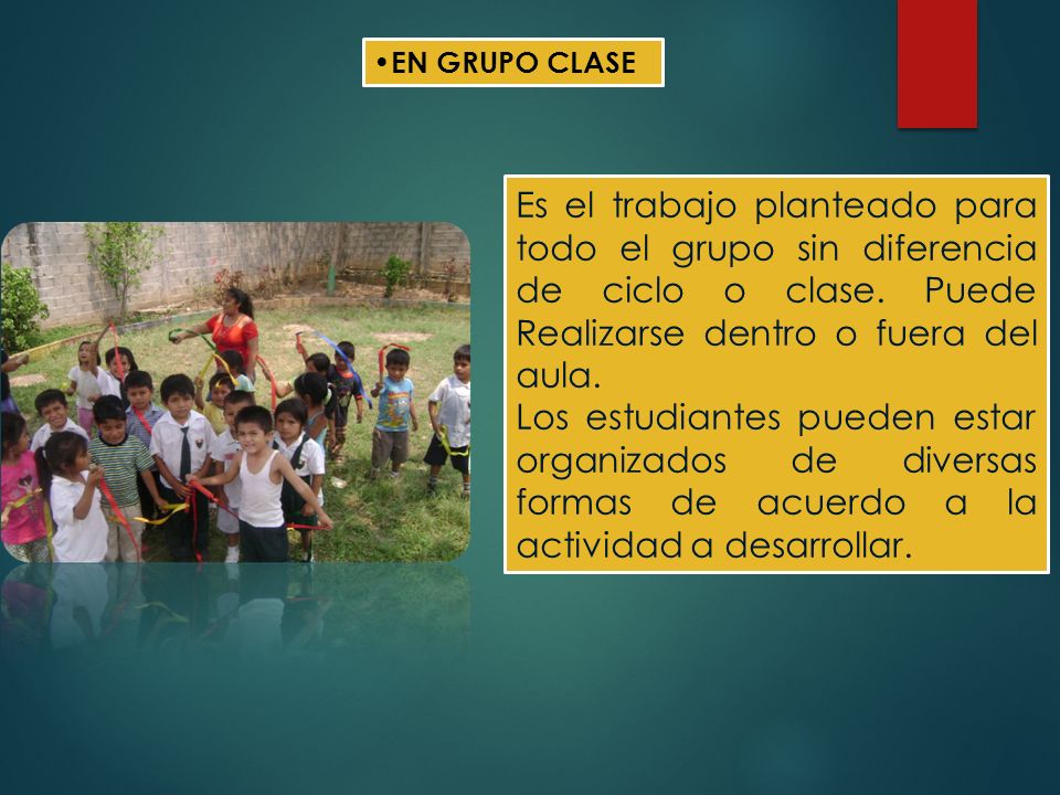 EN GRUPO CLASE Es el trabajo planteado para todo el grupo sin diferencia de ciclo o clase. Puede Realizarse dentro o fuera del aula.