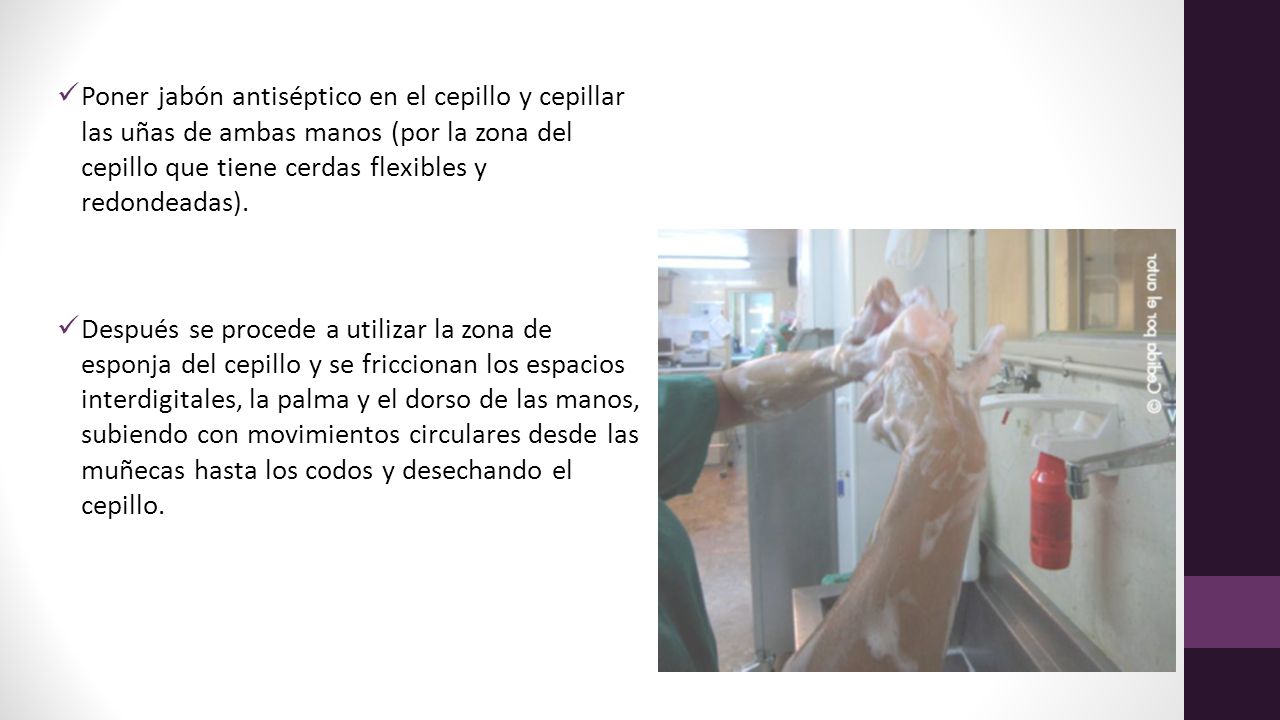 Poner jabón antiséptico en el cepillo y cepillar las uñas de ambas manos (por la zona del cepillo que tiene cerdas flexibles y redondeadas).