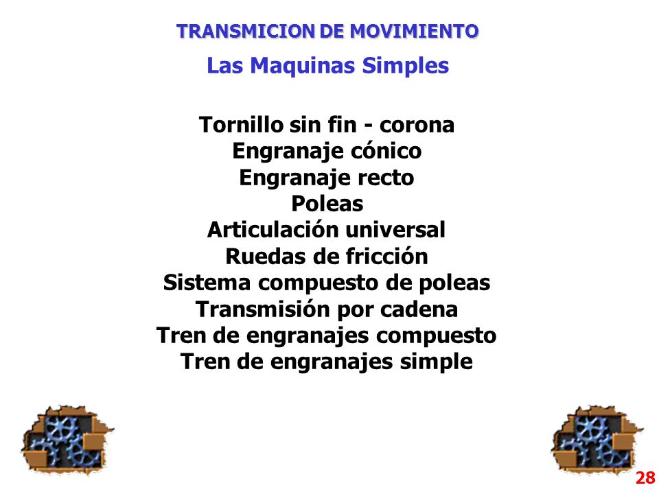 Tornillo sin fin - corona Engranaje cónico Engranaje recto Poleas