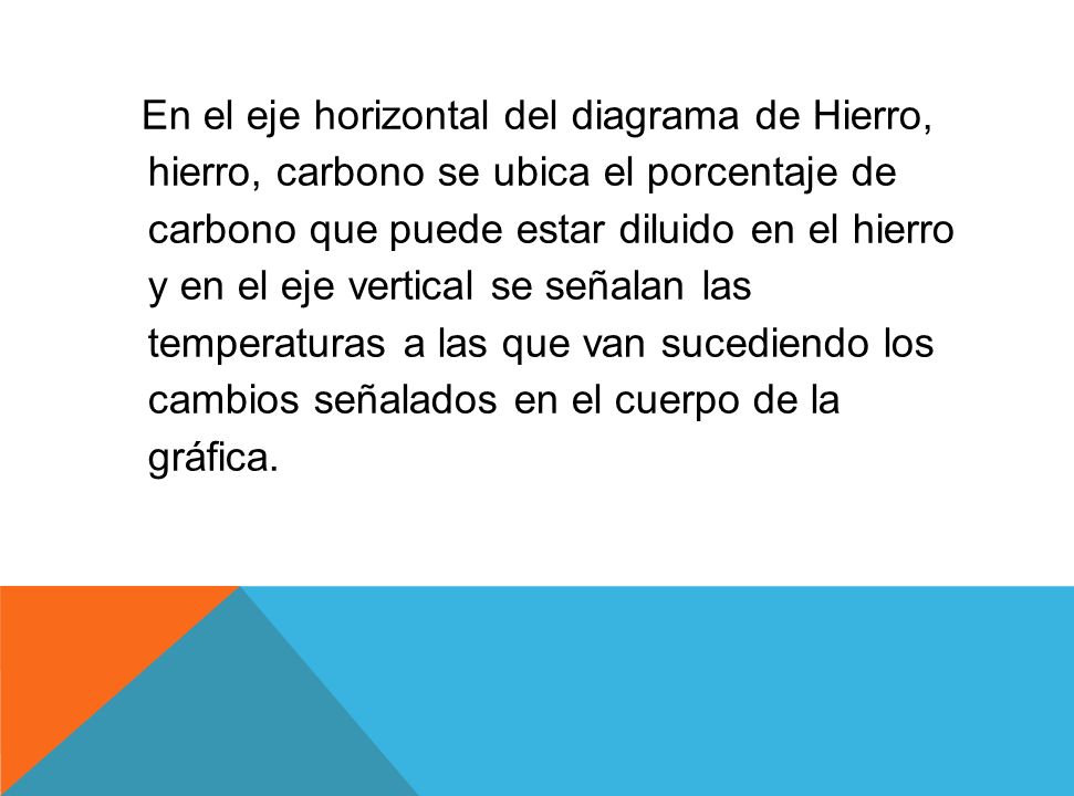 En el eje horizontal del diagrama de Hierro, hierro, carbono se ubica el porcentaje de carbono que puede estar diluido en el hierro y en el eje vertical se señalan las temperaturas a las que van sucediendo los cambios señalados en el cuerpo de la gráfica.