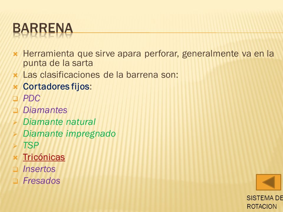 BArrena Herramienta que sirve apara perforar, generalmente va en la punta de la sarta. Las clasificaciones de la barrena son: