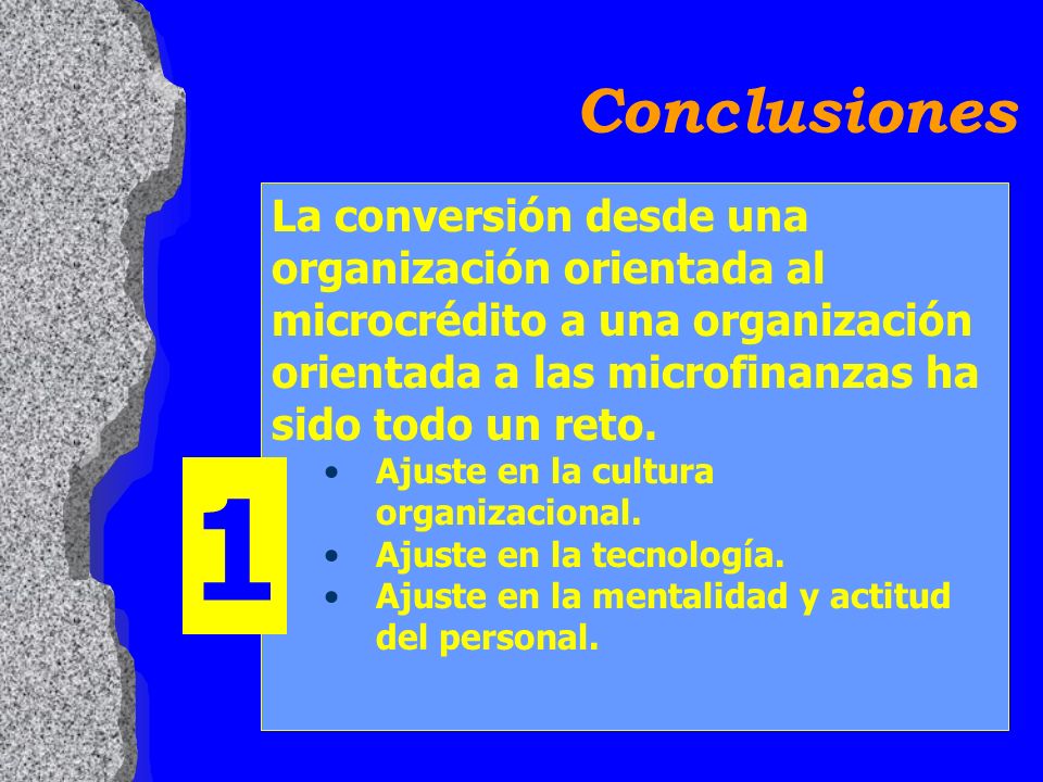 Conclusiones La conversión desde una organización orientada al microcrédito a una organización orientada a las microfinanzas ha sido todo un reto.