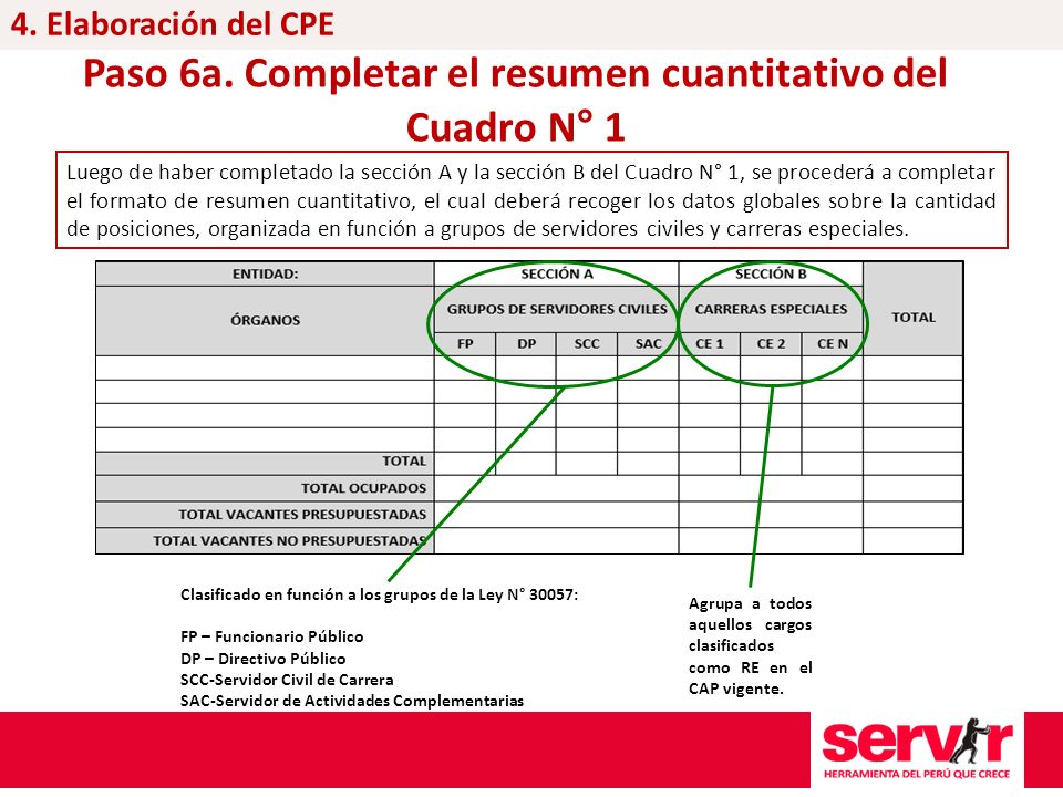 Paso 6a. Completar el resumen cuantitativo del Cuadro N° 1