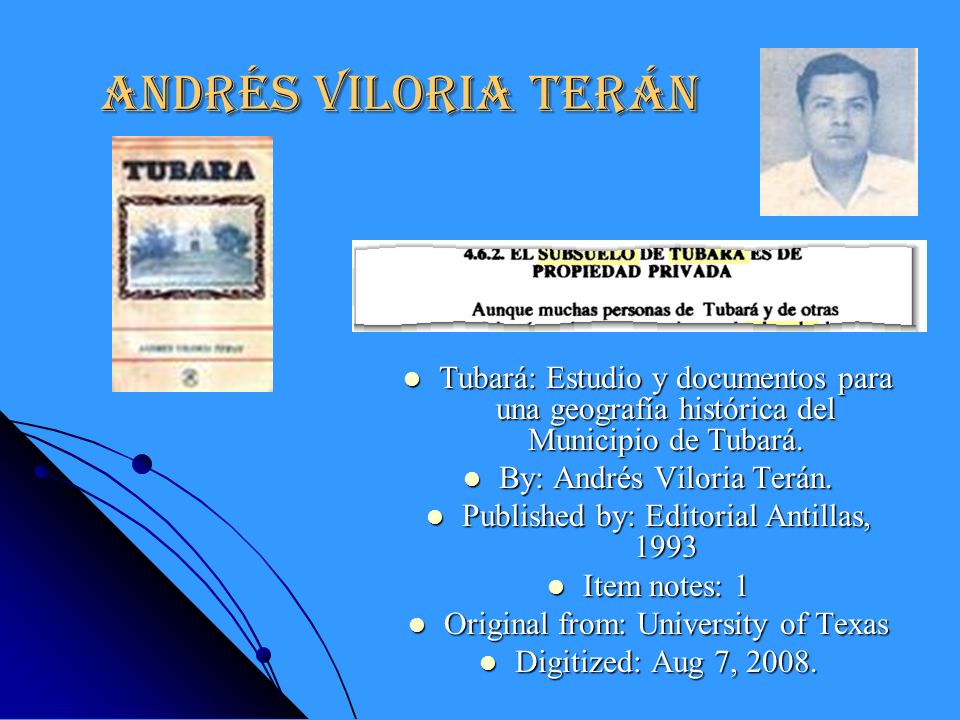 Andrés Viloria Terán Tubará: Estudio y documentos para una geografía histórica del Municipio de Tubará.