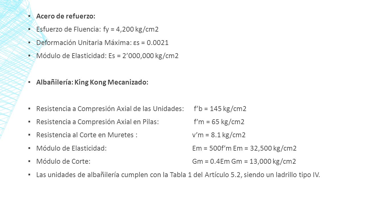 Acero de refuerzo: Esfuerzo de Fluencia: fy = 4,200 kg/cm2. Deformación Unitaria Máxima: εs =