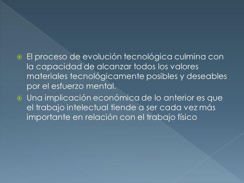 El proceso de evolución tecnológica culmina con la capacidad de alcanzar todos los valores materiales tecnológicamente posibles y deseables por el esfuerzo mental.