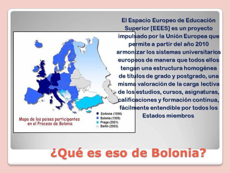 El Espacio Europeo de Educación Superior [EEES] es un proyecto impulsado por la Unión Europea que permite a partir del año 2010 armonizar los sistemas universitarios europeos de manera que todos ellos tengan una estructura homogénea de títulos de grado y postgrado, una misma valoración de la carga lectiva de los estudios, cursos, asignaturas, calificaciones y formación continua, fácilmente entendible por todos los Estados miembros.