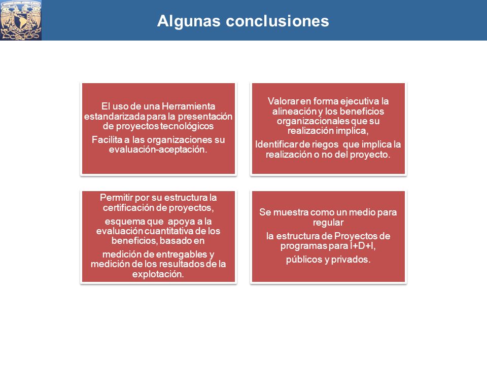 Algunas conclusiones El uso de una Herramienta estandarizada para la presentación de proyectos tecnológicos.