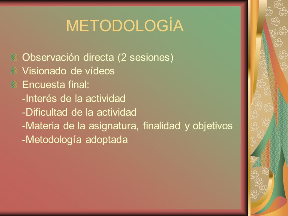 METODOLOGÍA Observación directa (2 sesiones) Visionado de vídeos