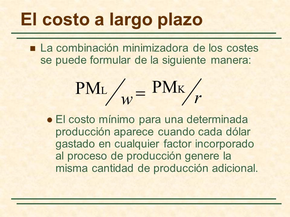 El costo a largo plazo PMK PML = r w