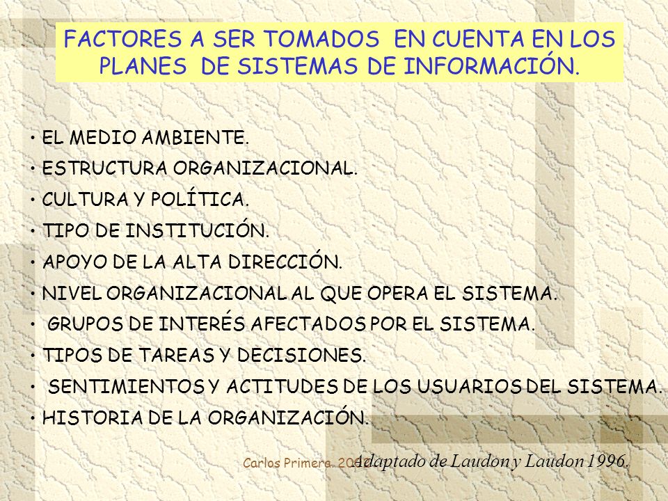 FACTORES A SER TOMADOS EN CUENTA EN LOS PLANES DE SISTEMAS DE INFORMACIÓN.