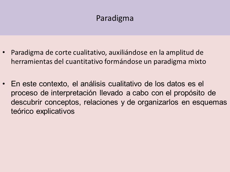 Paradigma Paradigma de corte cualitativo, auxiliándose en la amplitud de herramientas del cuantitativo formándose un paradigma mixto.