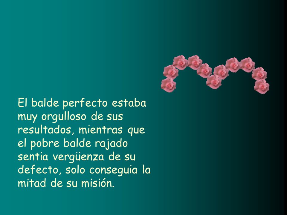 El balde perfecto estaba muy orgulloso de sus resultados, mientras que el pobre balde rajado sentia vergüenza de su defecto, solo conseguia la mitad de su misión.