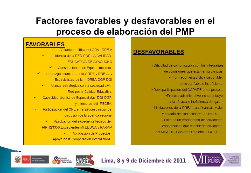 Factores favorables y desfavorables en el proceso de elaboración del PMP