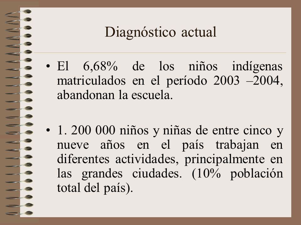 Diagnóstico actual El 6,68% de los niños indígenas matriculados en el período 2003 –2004, abandonan la escuela.